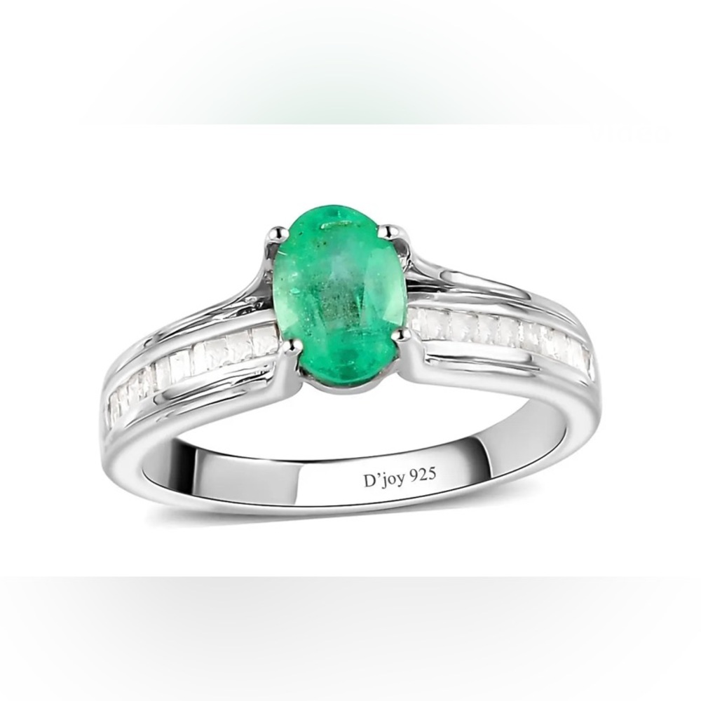 Ethiopian Emerald, Diamond Ring, Platinum Over Sterling Silver 1.00ctw